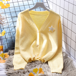 黄色小清新短款毛衣外套女宽松外穿2022新款春季韩版外搭针织开衫