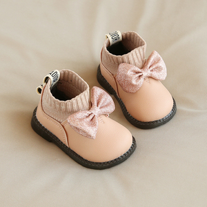 女童公主鞋1-3岁2宝宝袜筒短靴子小皮鞋蝴蝶结婴儿秋冬季加绒学步