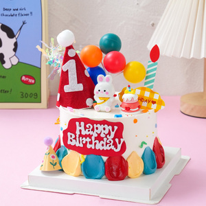 韩式兔宝宝生日满月百天蛋糕装饰卡通小兔子玩偶摆件周岁帽子插牌