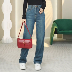 韩式经典穿搭直筒牛仔裤女秋季复古水洗做旧蓝色高腰小个子阔腿裤