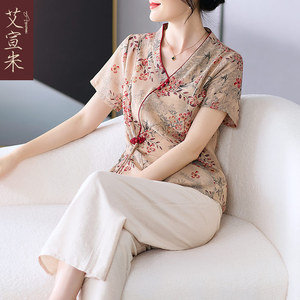 中年妈妈装夏季棉麻两件套装2024新款中老年女装上衣服新中式国风