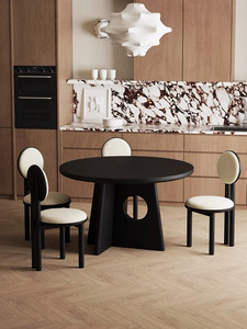 法式中古圆形实木餐桌北欧创意网红饭桌设计师黑色原木洽谈桌子