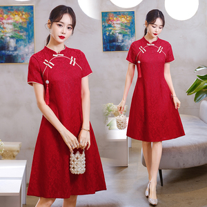 夏季2024新款中式国风时尚红色裙子女大码复古改良旗袍蕾丝连衣裙