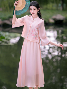 夏季大码民国小洋装汉服套装女改良版旗袍年轻款新中式国风连衣裙