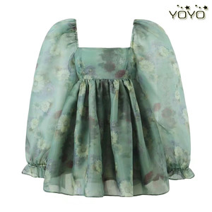 YOYO 欧美风外贸女装新款太阳花绿色系欧根纱长袖减龄连衣裙