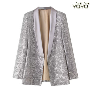 YOYO 欧美风外贸女装新款2024时尚百搭纯色修身显瘦亮片西装外套