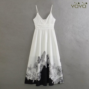YOYO 欧美风外贸女装新款2024时尚气质V领度假风海洋印花吊带长裙