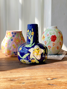 外贸原单正品尾货日式手绘陶瓷花瓶摆件客厅插花水培轻奢高级感