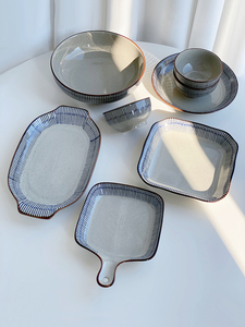 日式复古芝麻釉陶瓷餐具家用碗盘菜盘鱼盘米饭碗烤盘面碗酸菜鱼碗