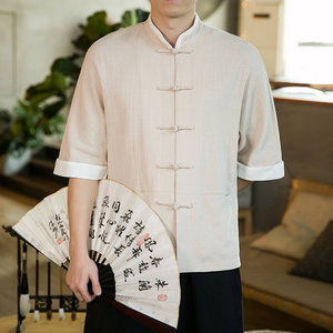 唐装男夏季亚麻短袖衬衫中式复古立领上衣中国风男装宽松半袖衬衣