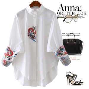 有型有范新中式！白色棉质国风刺绣宽松蝙蝠袖中长款衬衣女