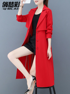 中长款风衣外套女款2024新款春季气质红色大衣西装领系带收腰上衣