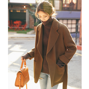 双面羊绒大衣女秋冬新款宽松收腰系带短款羊毛呢西装外套，棕褐色