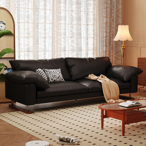法式复古真皮现代简约直排黑色沙发客厅2024新款头层牛皮小户型