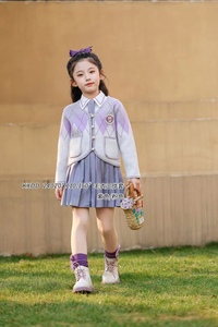 JK女童套装春季新款卡通针织开衫三件套JK套装衬衣百褶裙粉色紫色