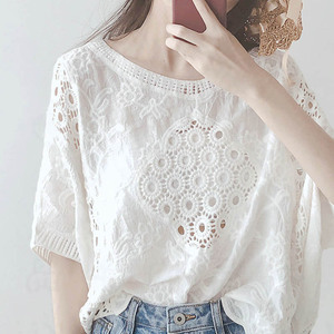 白色蕾丝镂空雪纺衫女2024年新款夏季薄款设计感小众宽松短袖上衣