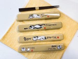 日本实木便携筷子元氣貓浮世繪岡本肇可芭丸餐具套装润目猫咪插画
