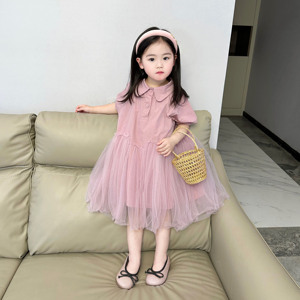 洋气新款夏装2-8岁女童连衣裙网纱裙宝宝公主裙纯色夏季短袖裙子