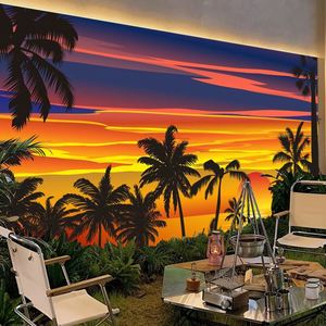 海南椰子树壁画泰式饮品店海景装饰墙纸露营酒吧海滩日落定制壁纸