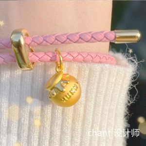 新款小蜜罐项链女黄金3D维尼熊锁骨链纯银粉色小熊手链皮绳转运珠