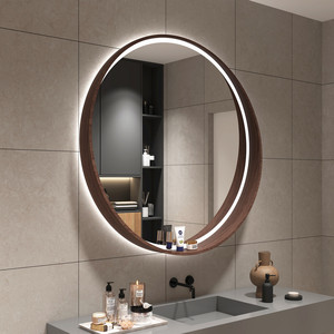 智能除雾浴室镜复古实木圆形洗手间壁挂卫生间洗手台梳妆镜子带灯