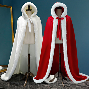 冬季连帽长款加厚汉服红色披肩女新娘中国风古装白色斗篷披风外套