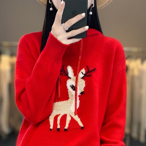 圆领连帽100羊绒衫卡通小鹿卫衣女中国红色带帽羊毛针织打底毛衣