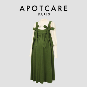 法国 APOTCARE 孕妇装春款针织打底上衣灯芯绒绿色背带裙两件套