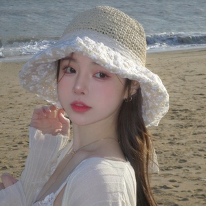 手工编织蕾丝镂空度假草帽女款夏季帽子出游防晒沙滩太阳帽遮阳帽