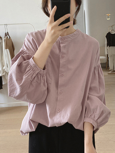 春日紫色衬衫纯棉日系减龄娃娃衫宽松圆领寸衫灯笼袖设计感上衣