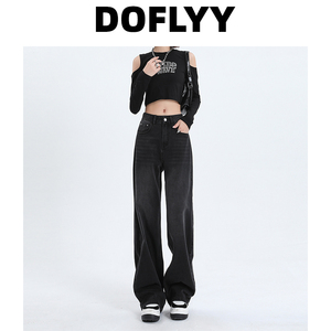 DOFLYY复古黑灰色阔腿牛仔裤女2024春季新款高腰宽松直筒拖地长裤