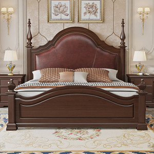 美式乡村全实木床高箱储物双人床复古小美风格主卧1.8米2米真皮床