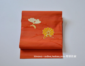 日本传统女士和服腰带 正绢橘色地缀织金驹刺绣露草菊花名古屋带