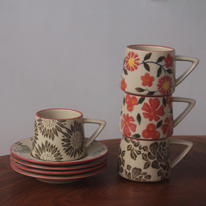 新品/复古冰裂纹咖啡杯碟创意简约家用杯套装釉下彩中式下午茶杯