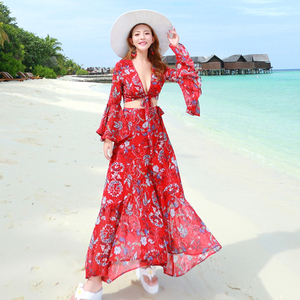 泰国海边度假沙滩裙长袖夏雪纺碎花波西米亚长裙海滩裙连衣裙性感