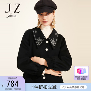 JUZUI/玖姿官方奥莱店2021冬季新款黑色长款保暖外套女毛呢大衣