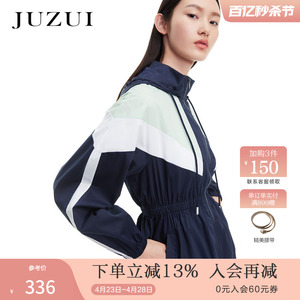 JUZUI玖姿奥莱春秋新款休闲撞色连帽立领运动风青春中长女连衣裙