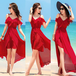 2023夏季新款度假海边沙滩裙礼服露肩雪纺裙吊带裙连衣裙燕尾长裙