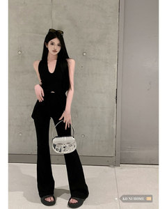 套装女韩版气质黑色v领挂脖针织衫春季新款高腰阔腿长裤子两件套