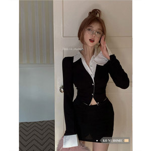 衬衫女韩版设计感黑白撞色假两件针织开衫衬衣短款辣妹长袖上衣潮
