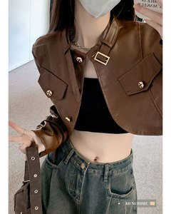 皮衣女美式复古棕色重工pu皮设计感外套秋季新款长袖开衫短款上衣