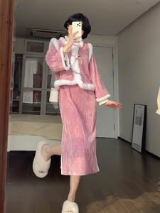 有货春秋季新款粉色甜美新中式旗袍风毛茸茸马甲外套连衣裙两件套