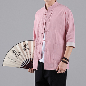 粉红色短袖衬衫男款夏季潮流中国风休闲唐装新中式男装七分袖衬衣