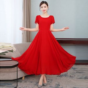 大红色连衣裙2024夏季新款收腰显瘦气质跳广场舞雪纺大摆长款裙子