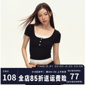 101PASSION蕾丝假两件黑色t恤女短袖夏季新款正肩修身短款上衣潮