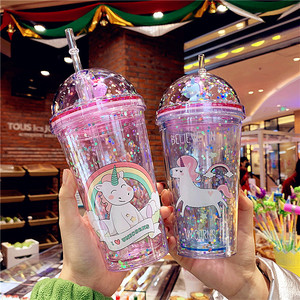 创意个性水杯儿童学生食品塑料杯可爱少女吸管杯独角兽卡通随手杯