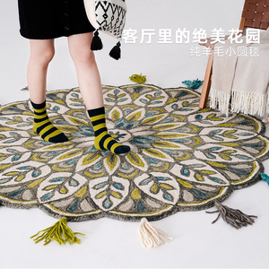 柏格「波斯花园」进口纯羊毛手工圆形客厅地毯波西米亚流苏床边毯