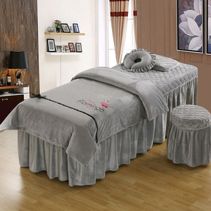 纯色美容床罩四件套银灰色简约珊瑚绒梯形欧式床套美容院专用带洞