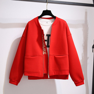 红色棒球服女ins潮2024年春秋装新款韩版加厚上衣休闲外套短夹克