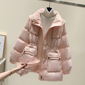 小香粉色抽绳收腰羽绒服女中长款2023冬季新款今年爆款小个子外套